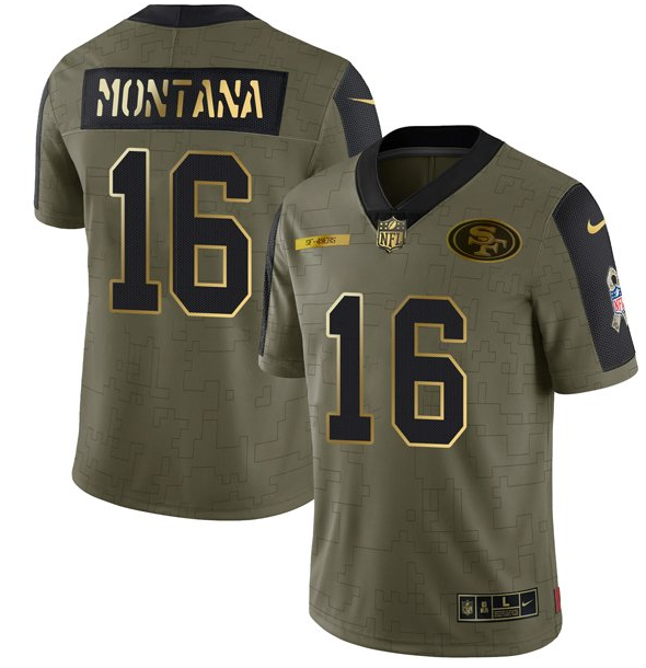 Men's San Francisco 49ers #16 Joe Montana 2021 Olive Salute To Service Golden Limited Stitched Jersey